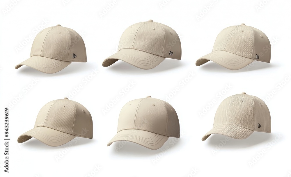 The clipping path is used to isolate a set of baseball caps in beige on a white background. The clipping path is used to isolate a set of baseball caps in beige on a white background.