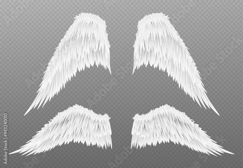 White angel wings set isolated on transparent background. Vector realistic illustration of party, masquerade, carnival, festival costume element made of bird feather, symbol of freedom, spirituality
