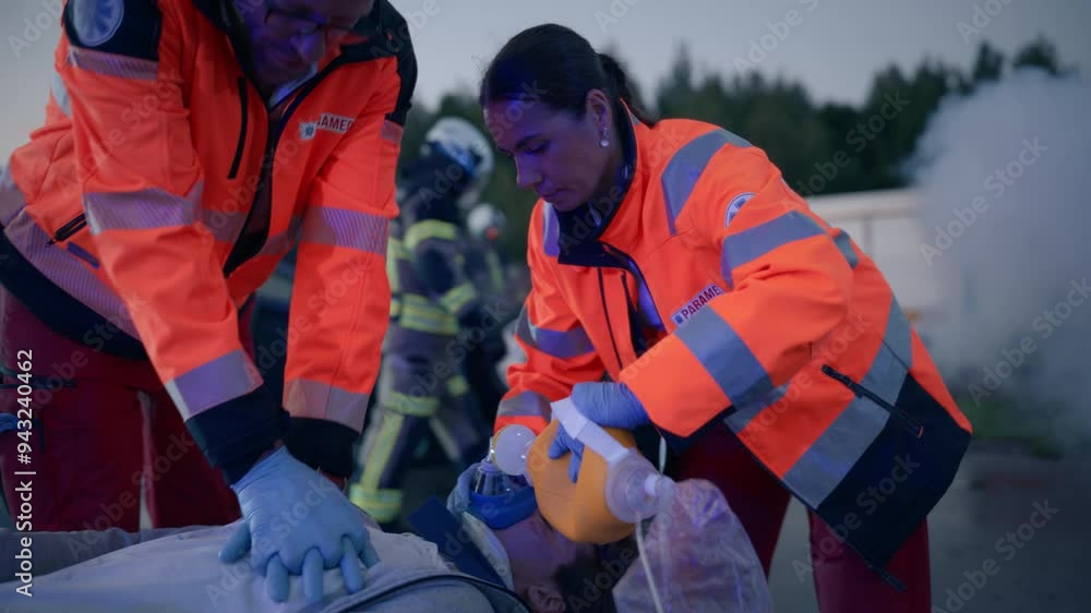 Ambulance Paramedics in High Visibility Uniform Administer Critical Care to an Injured Male on a Stretcher. Smoke and Emergency Vehicles Surround a Serious Road Accident or Disaster Ambulance Paramedics in High Visibility Uniform Administer Critical Care to an Injured Male on a Stretcher. Smoke and Emergency Vehicles Surround a Serious Road Accident or Disaster