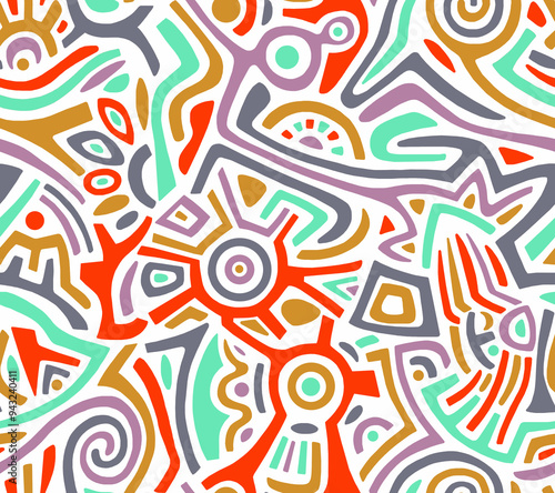 Abstract hand-drawn drawing of bright colors of chaotic shapes.Seamless pattern.