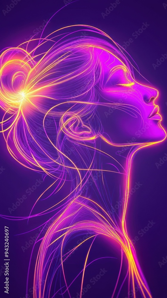 Abstract neon lines forming a woman's side profile art. Abstract neon lines forming a woman's side profile art.