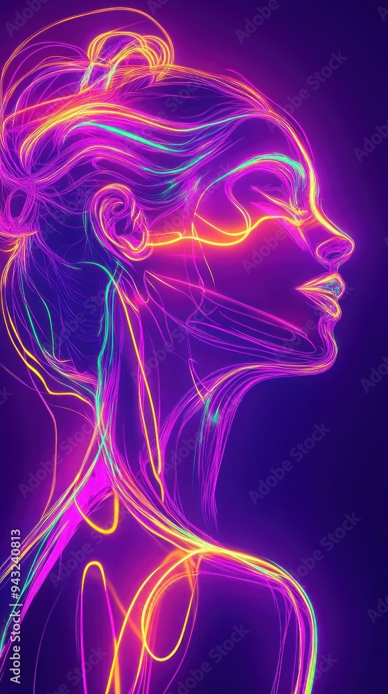Colorful neon outline depicting a woman’s back profile Colorful neon outline depicting a woman’s back profile
