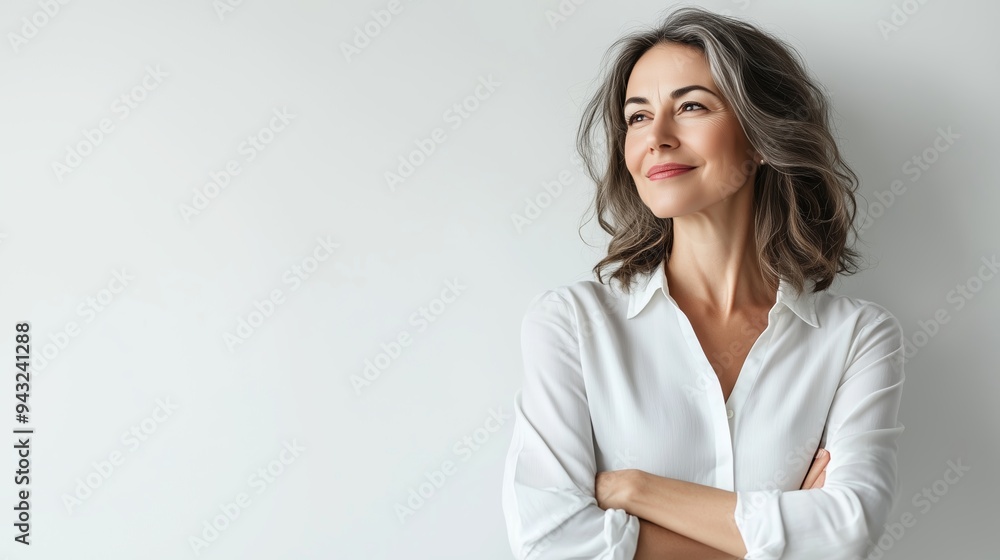 Confident woman in a white shirt smiles while standing against a neutral background, reflecting a moment of self-assurance and poise Confident woman in a white shirt smiles while standing against a neutral background, reflecting a moment of self-assurance and poise