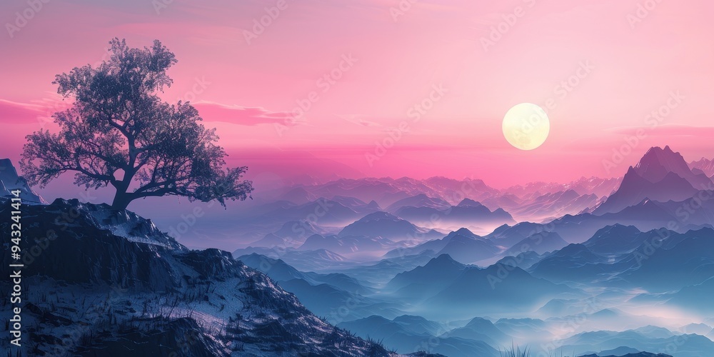 Trendy mountain landscape at sunset with colorful skies and a solitary tree in the foreground Trendy mountain landscape at sunset with colorful skies and a solitary tree in the foreground