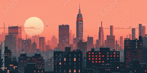 A vibrant minimalistic cityscape showcasing a sunset over a bustling metropolis with a silhouette of iconic skyscrapers photo