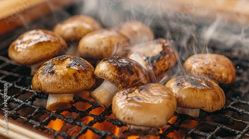 Grilled matsutake mushrooms sizzling on a barbecue, creating a smoky aroma.