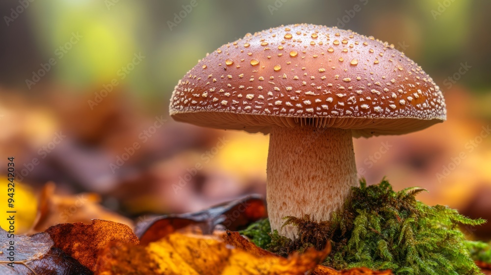 A close-up of a matsutake mushroom surrounded by autumn leaves and moss. A close-up of a matsutake mushroom surrounded by autumn leaves and moss.