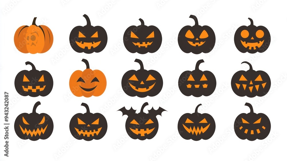 Halloween pumpkin face outlines in clean flat design, versatile on a white backdrop. Halloween pumpkin face outlines in clean flat design, versatile on a white backdrop.
