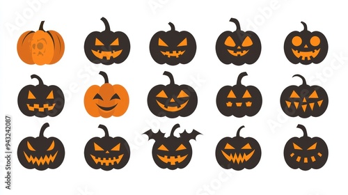 Halloween pumpkin face outlines in clean flat design, versatile on a white backdrop.