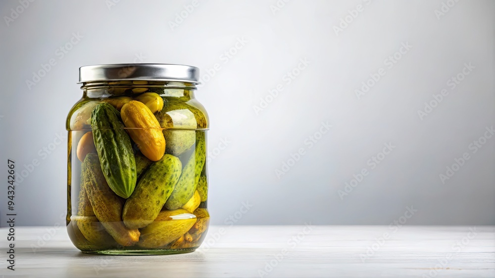 Glass Jar of Pickled Cucumbers on White Table Glass Jar of Pickled Cucumbers on White Table
