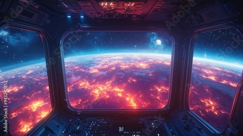 View of Earth from a spaceship window showcasing a vibrant and fiery landscape