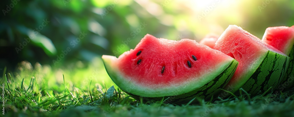 Close-up of fresh watermelon slices on grass with sunlight in the background, showcasing vibrant colors and summer freshness. Close-up of fresh watermelon slices on grass with sunlight in the background, showcasing vibrant colors and summer freshness.