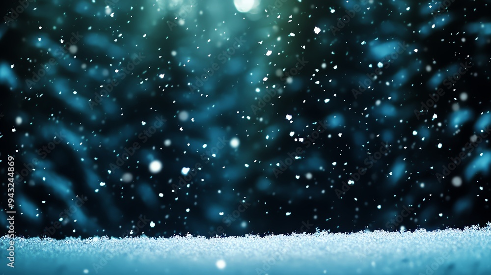 Obraz premium Serene winter snowfall creating a tranquil and magical atmosphere with snowflakes falling against a blurred forest background.