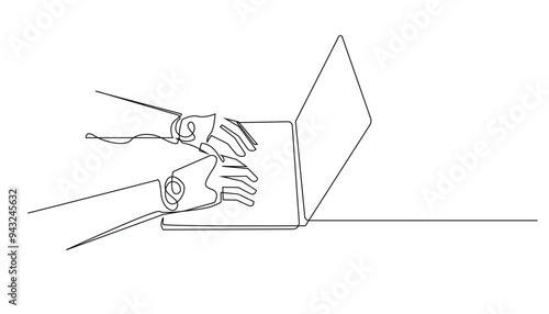 continuous line of robot hand typing on laptop board.one line drawing of robot technology for human work.single line of AI technology.isolated white background