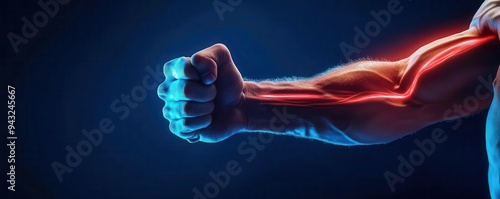 Muscular arm with highlighted veins and tendons in a powerful fist, symbolizing strength and vitality on a dark background.