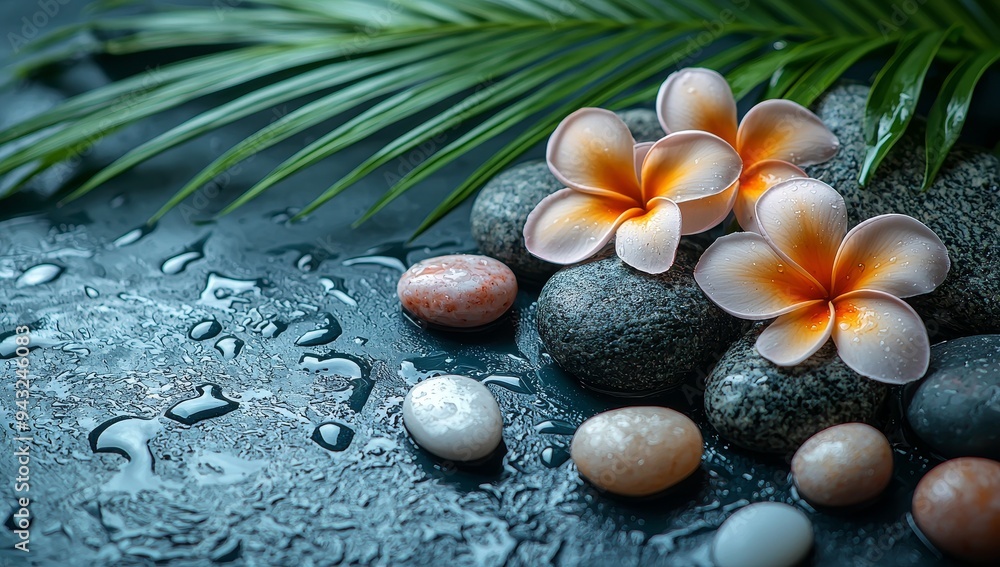 Stack of black stones and white plumeria flowers banner - stock image Stack of black stones and white plumeria flowers banner - stock image