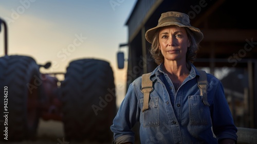 Older woman farmer dressed in jeans and a work shirt stands  photo