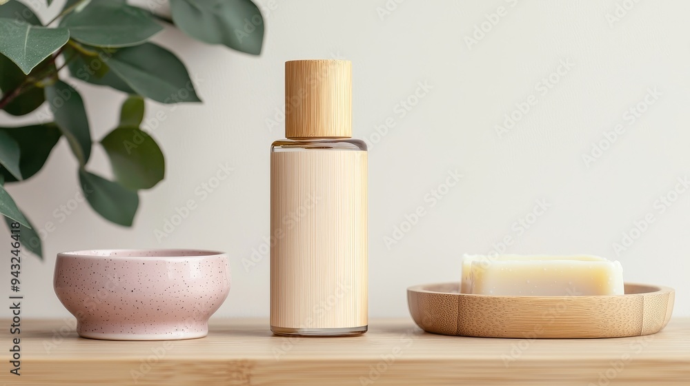 A blank pump bottle for liquid skincare, made from bamboo and glass, placed on a wooden vanity next to a ceramic soap dish A blank pump bottle for liquid skincare, made from bamboo and glass, placed on a wooden vanity next to a ceramic soap dish