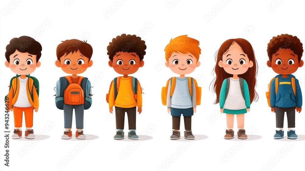Children standing in line, wearing backpacks and warm clothes. Children standing in line, wearing backpacks and warm clothes.