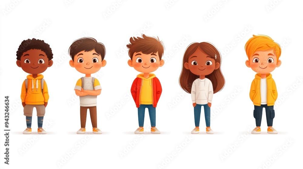 Children in colorful outfits standing in a line with backpacks. Children in colorful outfits standing in a line with backpacks.