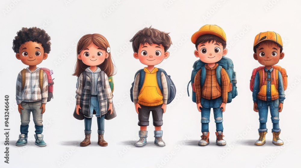 Children wearing casual outfits with backpacks facing forward. Children wearing casual outfits with backpacks facing forward.