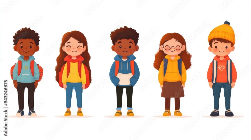 Illustrated kids in vibrant outfits with backpacks on. Illustrated kids in vibrant outfits with backpacks on.