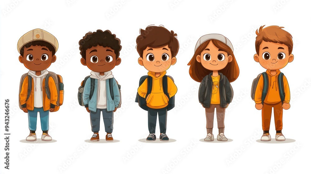 Illustrated children with backpacks in casual outfits Illustrated children with backpacks in casual outfits