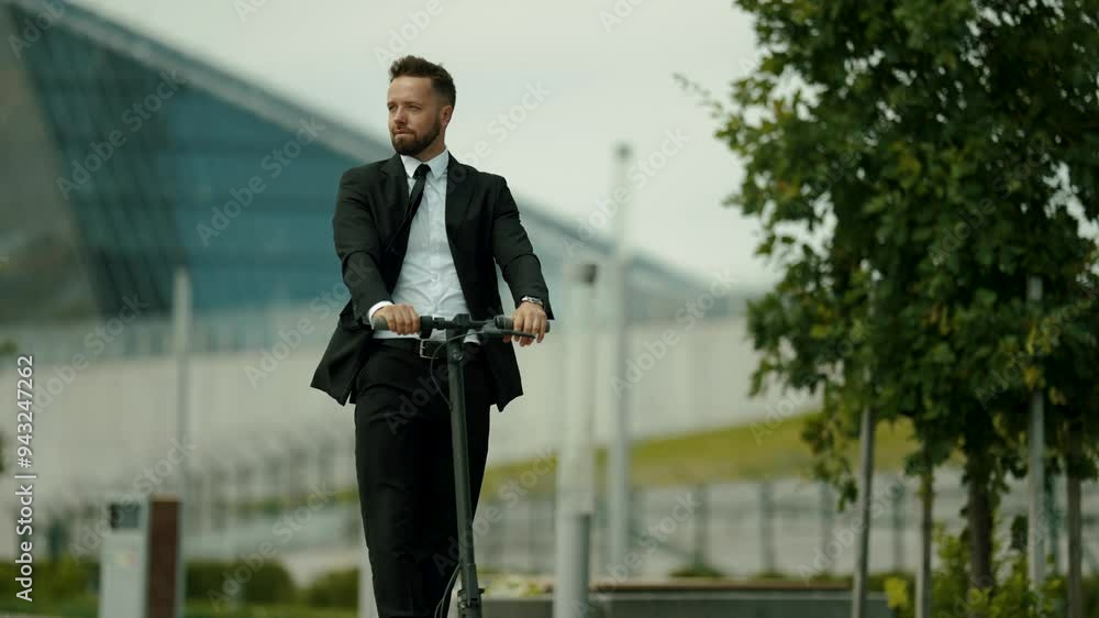 A young businessman in a business suit is riding a scooter fast. A young businessman in a business suit is riding a scooter fast.