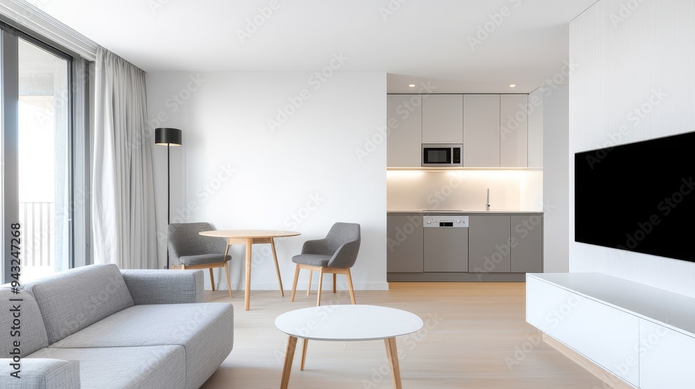 A chic studio apartment with an open floor plan, modern furnishings, and a small balcony A chic studio apartment with an open floor plan, modern furnishings, and a small balcony