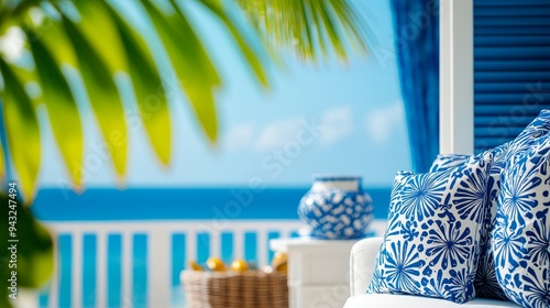 A coastal-themed living room with blue and white decor, nautical accents, and a view of the ocean photo