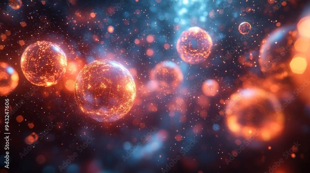 Vibrant glowing particles float through space, illuminated by vivid colors and cosmic energy, creating a mesmerizing view. Vibrant glowing particles float through space, illuminated by vivid colors and cosmic energy, creating a mesmerizing view.