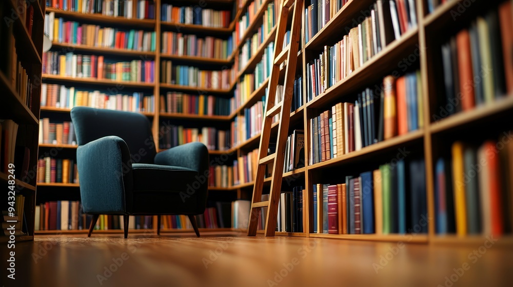 A cozy home library with floor-to-ceiling bookshelves, a reading chair, and a ladder A cozy home library with floor-to-ceiling bookshelves, a reading chair, and a ladder