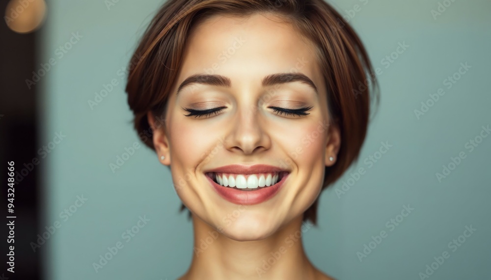 A woman with short hair is smiling, and her eyes are closed happily A woman with short hair is smiling, and her eyes are closed happily