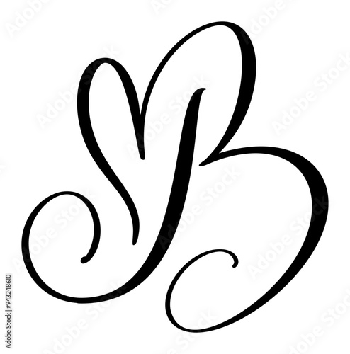Hand drawn vector calligraphy love letter B. Script capital font logo. Handwritten brush style flourish. Vintage heart monogram. element Valentine flourish. sign for page decoration design