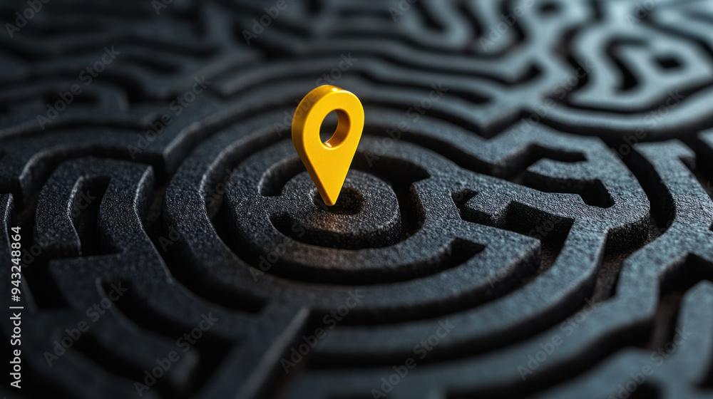 Maze Guidance, Aerial view of a maze with a yellow location pin, representing direction and navigation through a complex layout Maze Guidance, Aerial view of a maze with a yellow location pin, representing direction and navigation through a complex layout