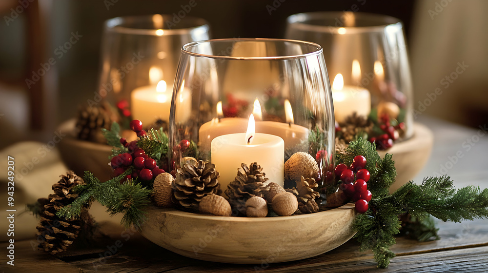 Obraz premium A rustic Christmas arrangement with candles nestled among natural elements like pinecones, acorns, and sprigs of holly