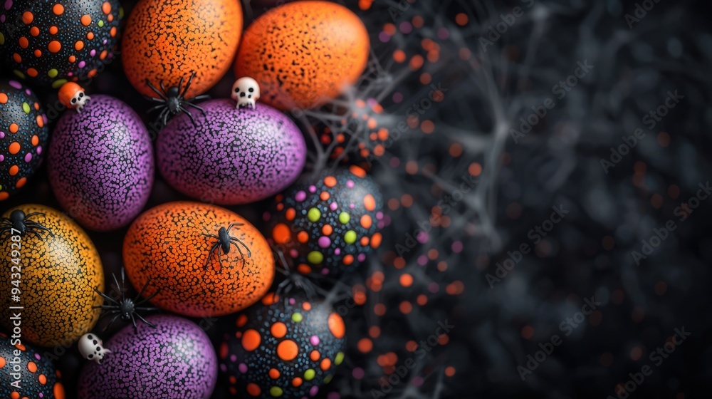 Spooky Halloween Decorated Easter Eggs Close-up with Dark Ambiance and Copy Space Gradient Fade Spooky Halloween Decorated Easter Eggs Close-up with Dark Ambiance and Copy Space Gradient Fade