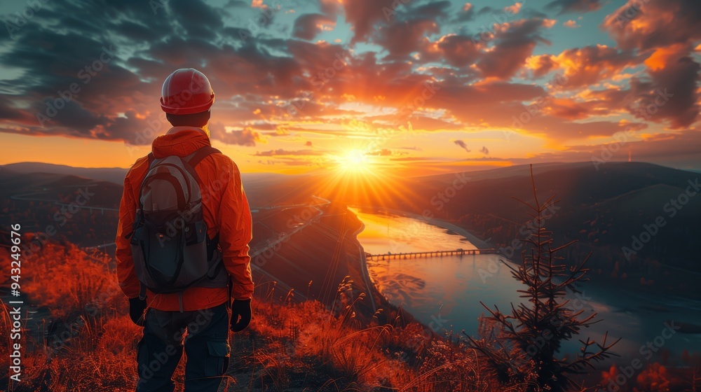Engineer Observing Dam at Sunset. Engineer with a hard hat and backpack stands on a hilltop, observing a hydroelectric dam at sunset, with vibrant skies. Engineer Observing Dam at Sunset. Engineer with a hard hat and backpack stands on a hilltop, observing a hydroelectric dam at sunset, with vibrant skies.