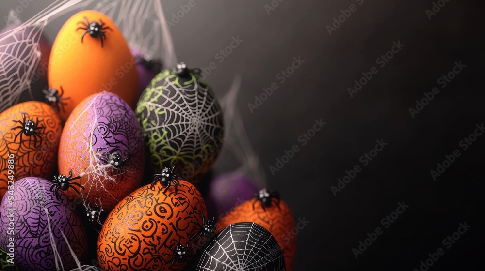Spooky Halloween Decorated Eggs with Creepy Motifs in Dark Colors on Mysterious Background with Copy Space