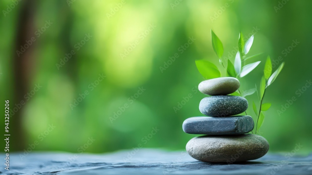 Balanced stack of zen stones with green leaves on natural background, representing peace, harmony, and wellness in nature. Balanced stack of zen stones with green leaves on natural background, representing peace, harmony, and wellness in nature.