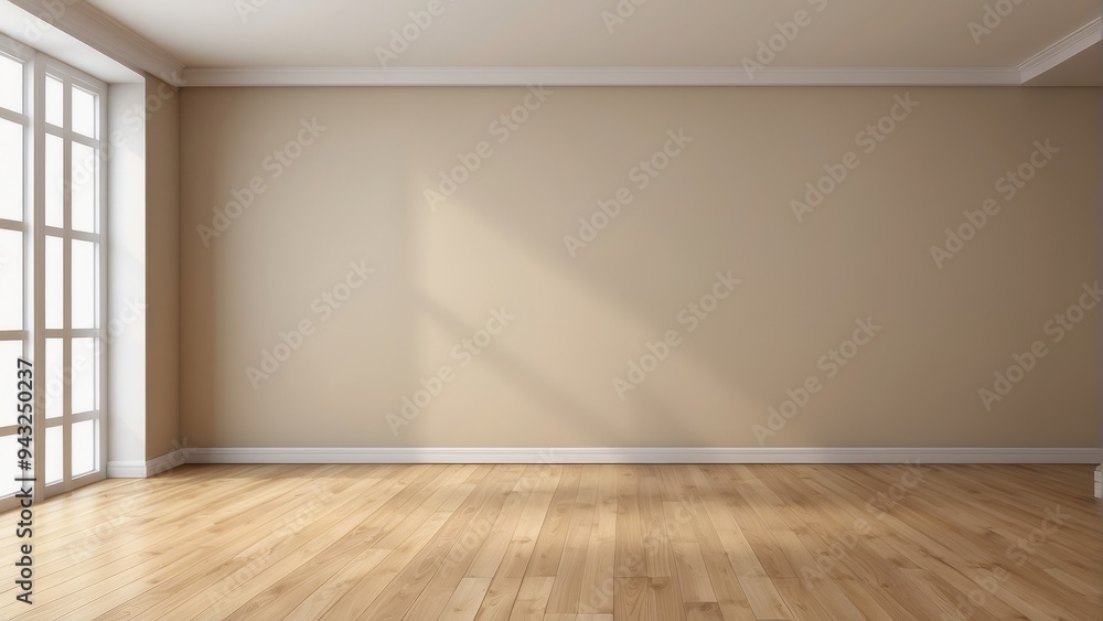 Empty Room with Beige Walls, Wood Floor, and Window Empty Room with Beige Walls, Wood Floor, and Window