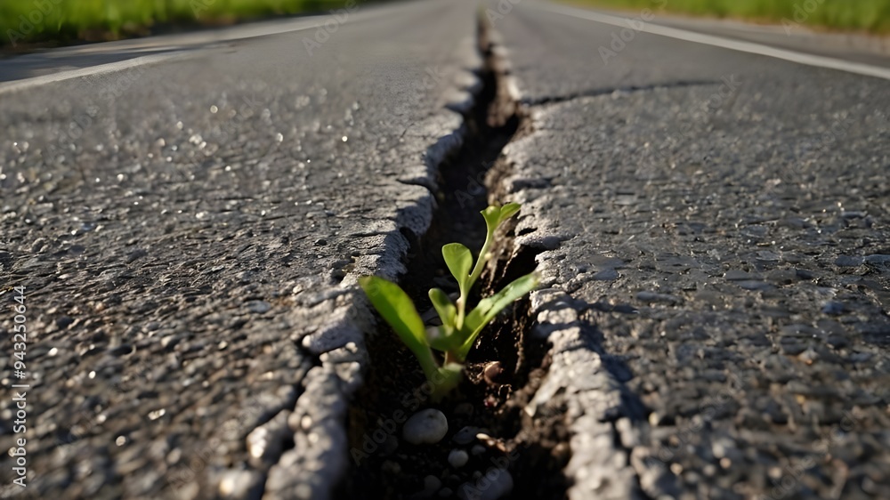 Close-Up of Jagged Crack on Worn Asphalt Road with Pebbles, Debris, and Sprouting Plants Close-Up of Jagged Crack on Worn Asphalt Road with Pebbles, Debris, and Sprouting Plants