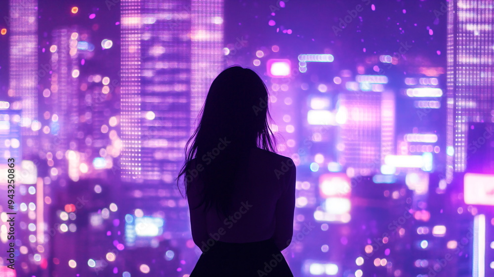 silhouette of a girl in front of a big city with purple lights silhouette of a girl in front of a big city with purple lights