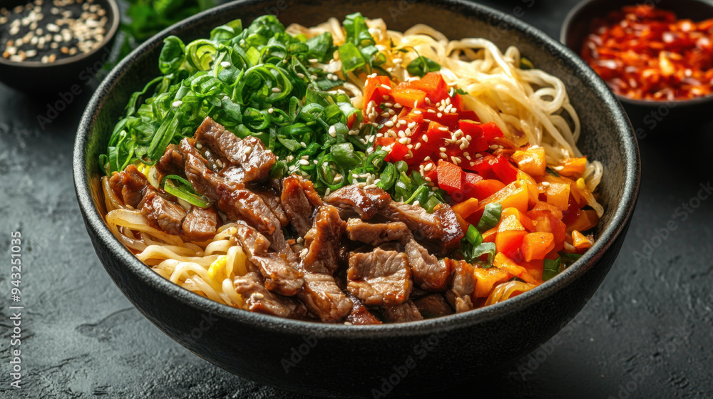 Asian Noodle Bowls, Enjoy a delicious Asian food bowl filled with noodles, fresh vegetables, and savory meat for a satisfying meal Asian Noodle Bowls, Enjoy a delicious Asian food bowl filled with noodles, fresh vegetables, and savory meat for a satisfying meal