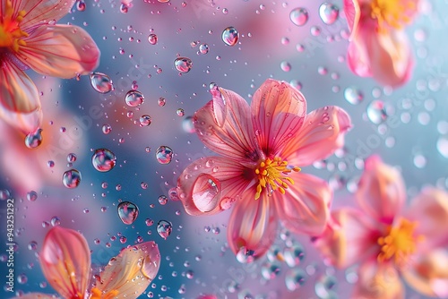 Mystic Petals & Droplets: Enchanted Flora Dancing on Glass,Ethereal Reflections: Wild Blossoms Suspended in Vibrant Raindrops