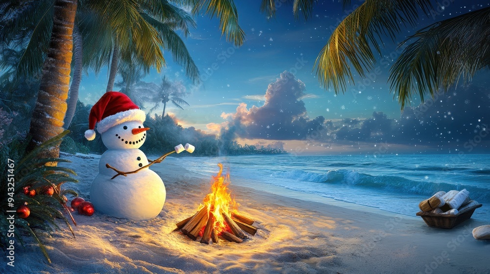 Fototapeta premium Snowman Enjoying a Campfire on a Tropical Beach with Palm Trees and Ocean View