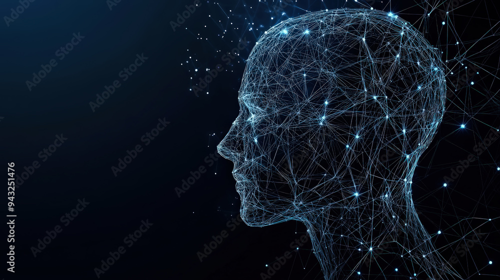 Polygonal futuristic mesh with human head model. Artificial intelligence, connection technology. Generative AI Polygonal futuristic mesh with human head model. Artificial intelligence, connection technology. Generative AI