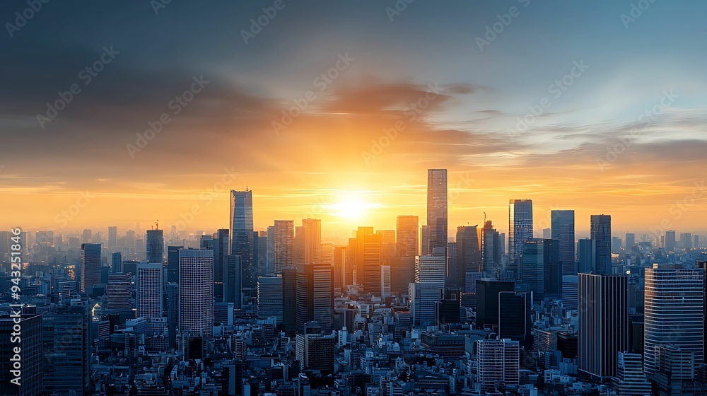 Fototapeta premium Golden Morning Glow: Sunrise Illuminating Urban Cityscape with Copy Space for Text