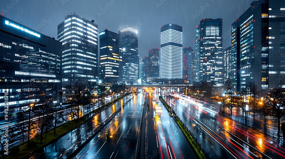 Fototapeta premium Vibrant Urban Nightscape with Glowing Lights on Rainy Streets, Perfect for Text Overlay.