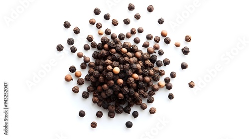 Black peppercorns on a white background ready for cooking with. A close-up view.